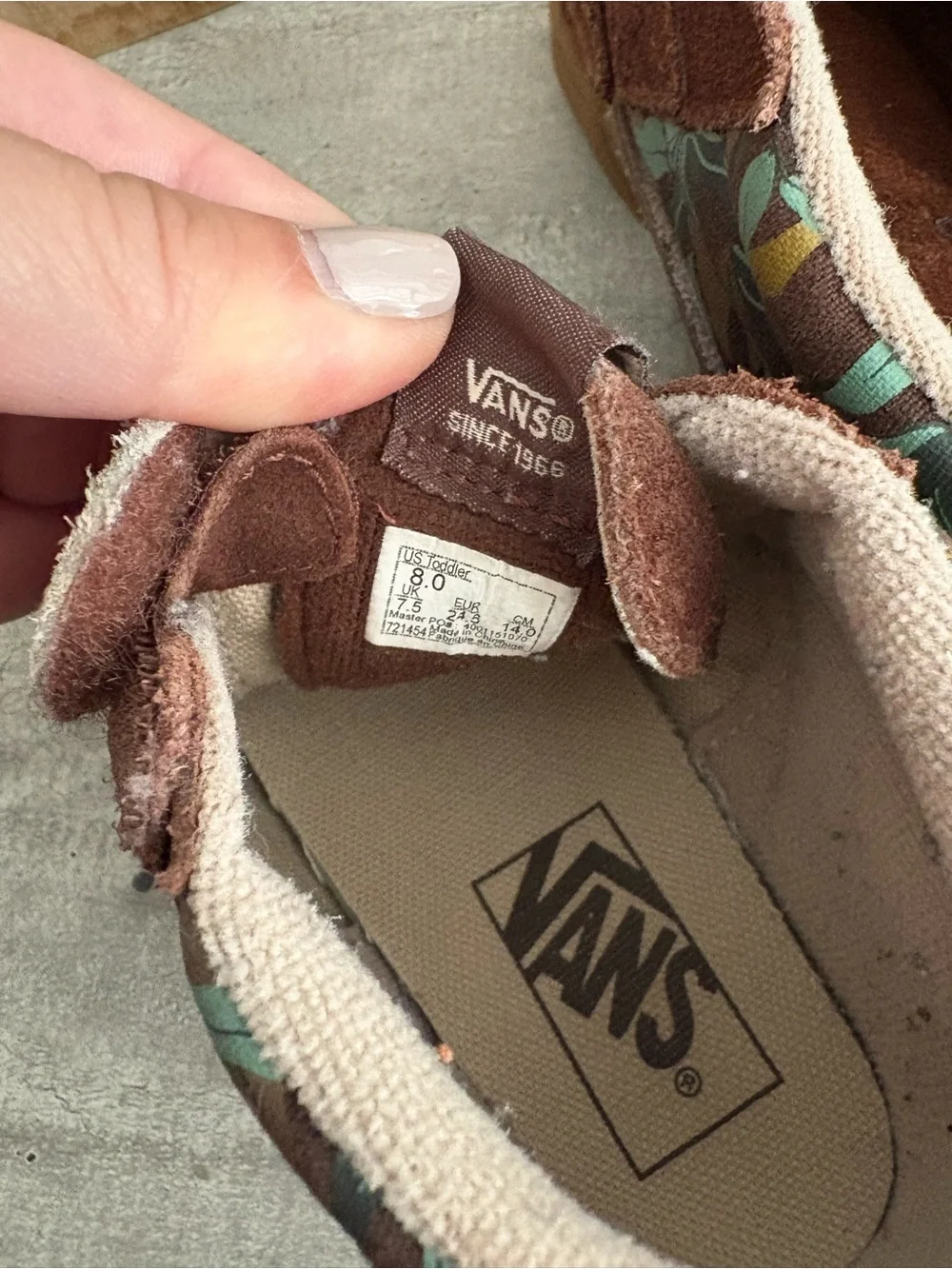 Vans Sk8-Mid Sloth Brown Suede Leaf Print Velcro size 8 toddler